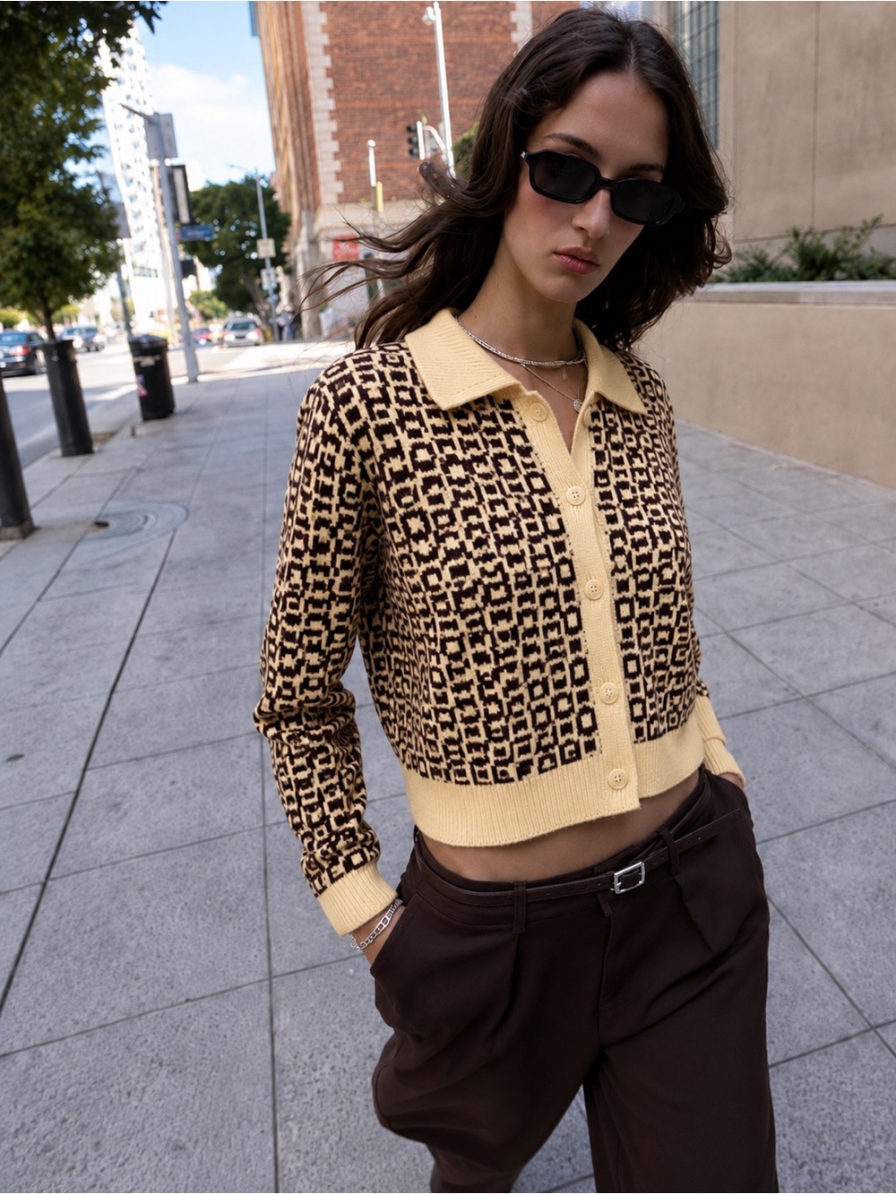 Zara Yellow Brown Jacquard Wool Blend Collared Cardigan Retro Mod Knit Sweater